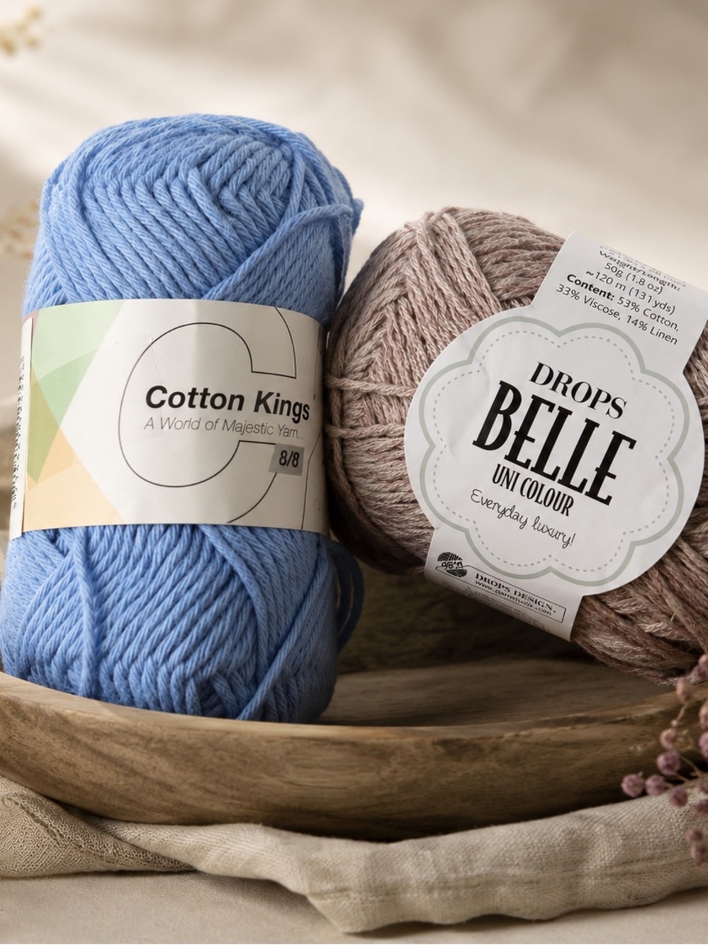 Yarn Lot 2 Skeins DROPS Belle Taupe & Cotton Kings Blue 100% Cotton DK New